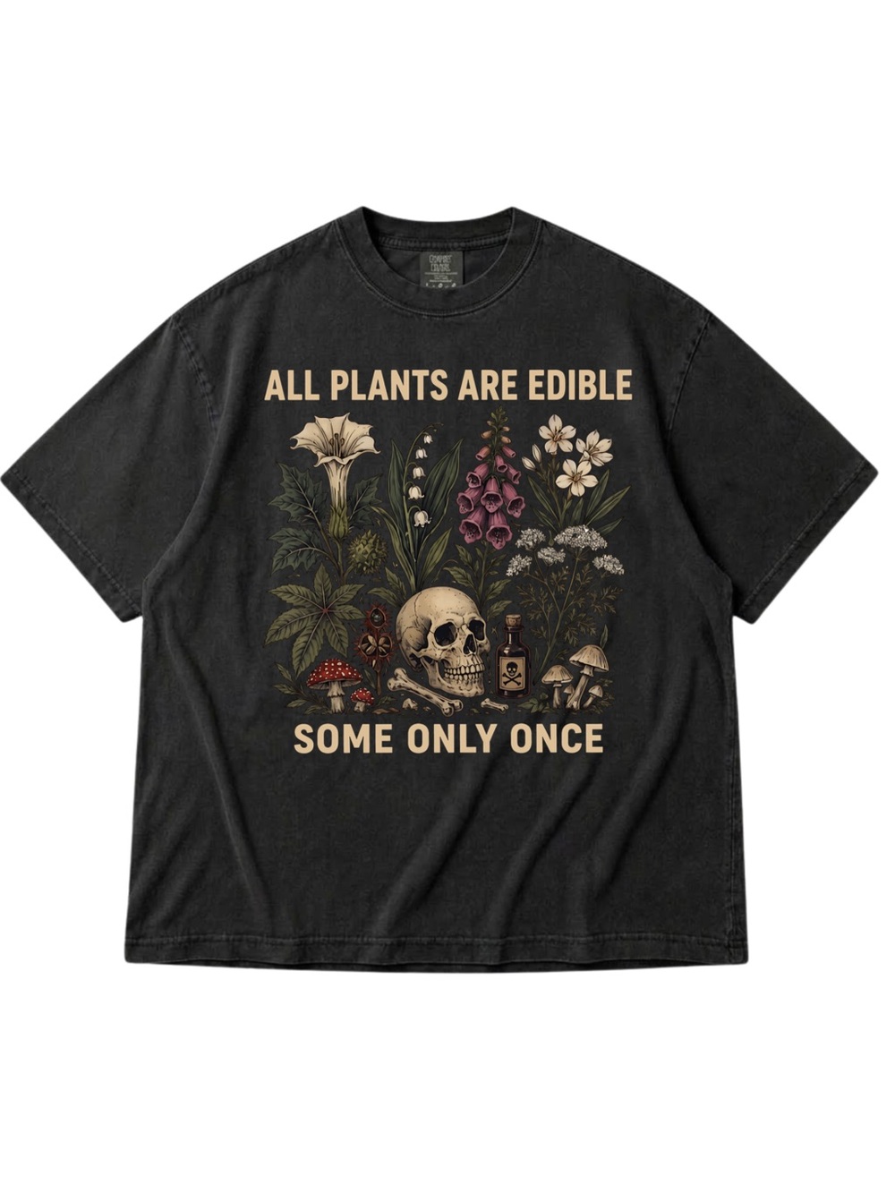 Comfort Colors Black Graphic Tee with Botanical Skull Design